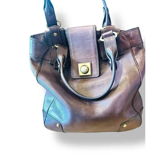 Banana Republic Brown Leather Bucket Tote Shoulder Bag Hobo Brass - Picture 2 of 15